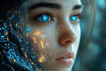 Poster - Digital portrait of a young woman with glowing blue circuitry in her eyes reflecting advanced technology and innovation
