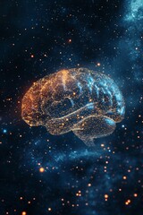 Poster - a stunning illustration of a human brain made of glowing particles in a cosmic backdrop, symbolizing