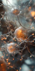 Poster - An abstract close-up image showcasing glowing cells intertwined with delicate fibers, creating a mesmerizing network of light and texture, perfect for science-themed projects.