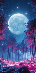 Poster - Experience a magical forest bathed in moonlight, featuring vibrant neon colors and a starry sky. This enchanting scene evokes tranquility and wonder.