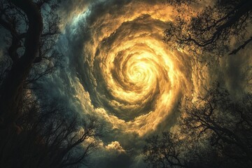Poster - A stunning view of swirling golden clouds above a dark forest, capturing an ethereal atmosphere at twilight. The contrast creates a mystical scene ideal for nature lovers.