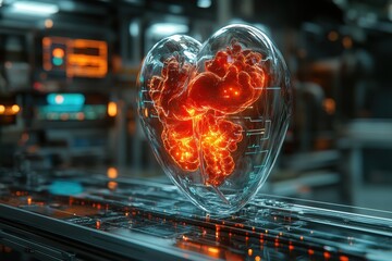 Poster - Futuristic heart model glowing in a high-tech laboratory environment at night