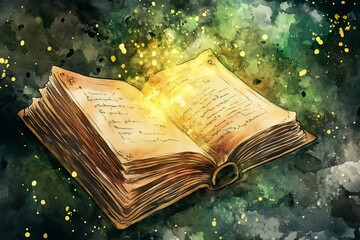 Poster - This artwork features an ancient open book emanating a magical glow against an abstract colorful background. Ideal for themes of knowledge and fantasy.