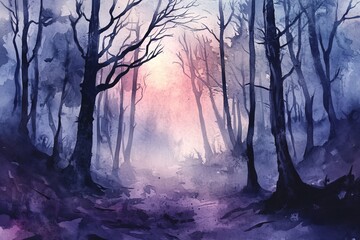 Poster - A captivating watercolor painting showcasing a misty forest scene, featuring dark trees emerging from a soft, colorful haze, perfect for conveying tranquility and mystery.