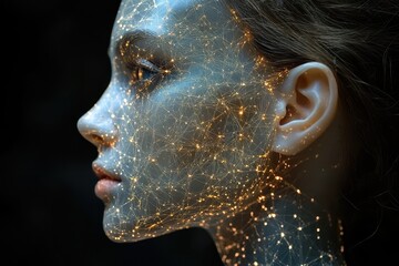 Poster - Artistic representation of a woman’s profile illuminated by glowing digital network designs