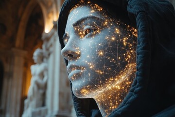 Poster - Futuristic sculpture of a woman with glowing connections in a historic architecture setting