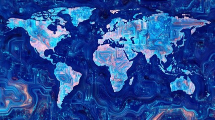 Poster - an abstract digital illustration of a world map, beautifully blending blue and pink tones. this artw