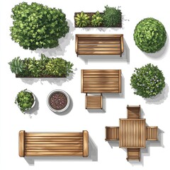 Aerial Perspective of Outdoor Bench for Landscape Design: Set of 6 Elements for Garden Layout