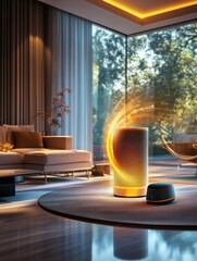 Poster - User interacts with smart speakers to control lighting and music in a modern living room filled with natural light and stylish furnishings