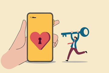 Dating apps, online dating using internet and social media to find romantic relationship concept, young adult millennial boy holding lovely key running to smart phone app with heart shape and keyhole.