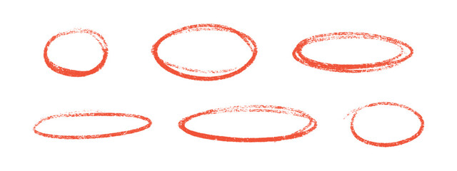 Poster - Crayon highlight chalk oval set in red color on white background. Hand drawn circular shapes and frames. Rough textured strokes for natural emphasis marks. Doodle ellipse design elements.