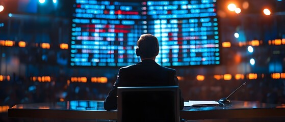 Poster - A focused individual sits in front of a large digital screen displaying complex data and analytics, representing the fast-paced world of finance and data analysis