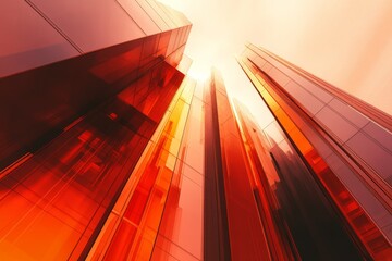 Poster - Explore an abstract view of urban architecture featuring towering glass structures bathed in warm red tones, evoking feelings of innovation and vibrancy.