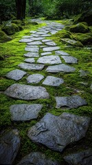 Poster - Serene stone path winding through vibrant green moss garden creating a tranquil and inviting nature scene perfect for meditation and relaxation