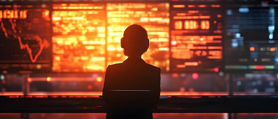 Poster - A silhouette of a professional analyzing data on a futuristic screen, surrounded by complex visualizations and informative graphics, representing modern technological advancements.