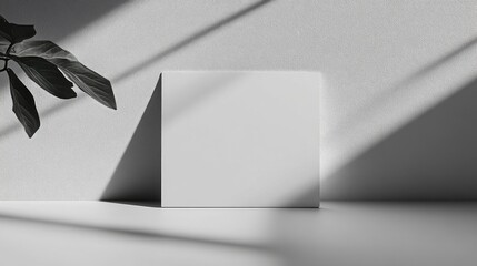 Poster - A tranquil indoor space showcases a pristine white canvas resting on a smooth surface. Gentle sunlight filters through, creating soft shadows that enhance the minimalist aesthetic