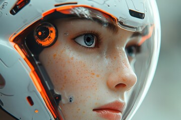 Poster - Futuristic close-up of a young person wearing a high-tech helmet with intricate design and vivid details in a sci-fi setting