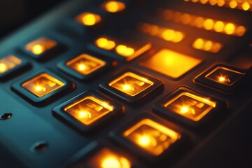 Poster - illuminated alarm system keypad in a dimly lit office space with glowing buttons and secure modern d