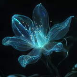 A bioluminescent alien flower with translucent petals, softly glowing in the dark