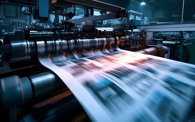 Poster - dynamic scene showcasing a high-speed printing press in operation. the machinery is working efficien