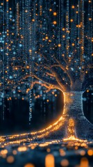 Poster - A captivating digital tree stands illuminated with streams of glowing data, showcasing a unique blend of nature and technology in a futuristic setting.