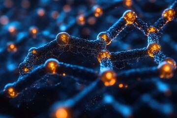 Poster - Molecular structure showcasing orange and blue atoms connected by dark strands in a scientific representation of atomic interactions