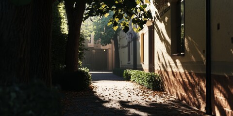 Poster - A serene alleyway illuminated by soft sunlight, featuring shadows of trees and scattered autumn leaves, creating an inviting and peaceful atmosphere in an urban environment.