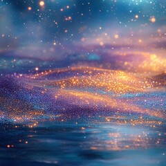 Poster - Enchanting cosmic landscape with shimmering golden particles on textured blue surface creating magical ambiance