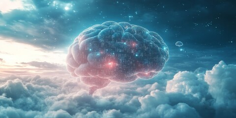 Poster - this stunning image depicts a digital brain floating above fluffy clouds, symbolizing the intersecti