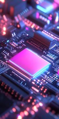 Poster - Explore a stunning close-up of a futuristic circuit board featuring vibrant neon colors. This image showcases intricate details of microchips and electronic components.