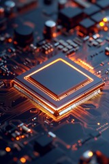 Poster - this close-up image showcases a sleek computer processor on a circuit board with illuminated edges. 