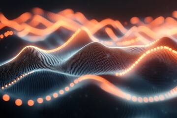 Poster - experience a captivating abstract background featuring vibrant orange waves and luminous dots repres