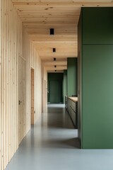 Poster - Modern interior design featuring a long hallway with wooden walls ceiling and green cabinets creating a serene and minimalist space
