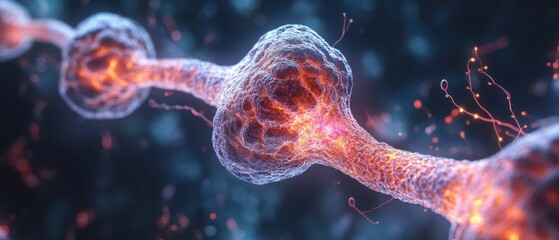Poster - Microscopic View of Neuronal Network with Glowing Synapses and Axons in a Dark Background Representing Neural Communication and Brain Activity