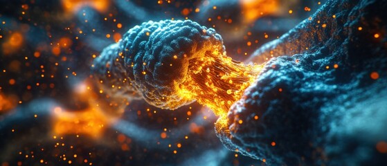 Poster - Microscopic View of Molecular Connection with Glowing Particles and Blue Background for Science and Technology Concepts