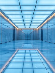 Poster - Modern architectural interior with blue lighting and reflective floor creates a futuristic and spacious ambiance