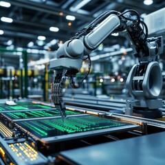 Poster - A sophisticated robotic arm is assembling circuit boards in a high-tech factory environment. The setup highlights automation and precision in modern manufacturing processes.