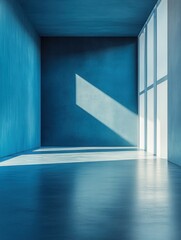 Poster - Serene blue room with sunlight streaming through windows creating shadows and reflections on the floor in a minimalist style