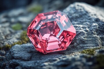 Poster - Radiant pink gemstone resting on weathered stone surface captivating facets and crystalline structure reflecting light in a natural setting