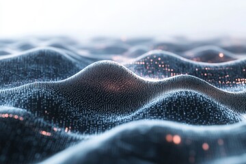 Poster - This abstract image showcases undulating waves filled with glowing particles, creating a dynamic and visually striking representation of movement and depth.