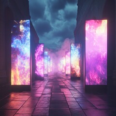 Poster - A mesmerizing futuristic pathway illuminated by colorful light panels creates a mystical ambience, surrounded by smoke and surreal clouds.