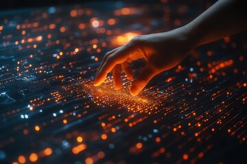 Fototapete - Hand interacts with glowing data points across a circuit board surface