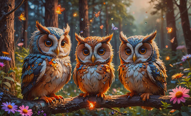 three owls are perched on a tree branch in a forest, surrounded by butterflies. the scene is calm an