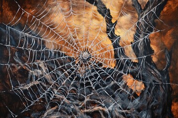 Poster - A captivating close-up of a spider web illuminated by warm autumn hues, showcasing intricate design against dark branches, perfect for nature lovers.