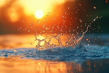 Poster - Water splashes at sunset on a calm sea, illuminated by the sun's golden light