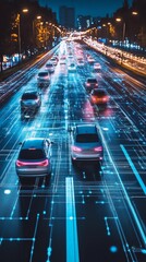 Poster - A captivating view of a smart transportation network illuminated at night, showcasing vehicles connected through IoT technology, highlighting urban innovation and connectivity.