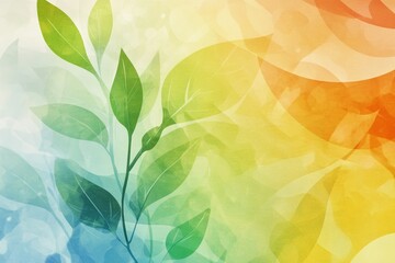 Poster - Vibrant abstract background featuring soft gradient hues and green leaves, perfect for representing nature, tranquility, and creativity in design.