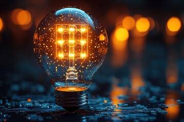 Poster - Light bulb illuminates with artificial intelligence data pattern on a circuit board, showcasing future technology innovation