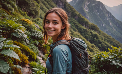 Aufkleber - Woman is smiling and wearing a backpack while standing in a forest. Scene is cheerful and adventurous
