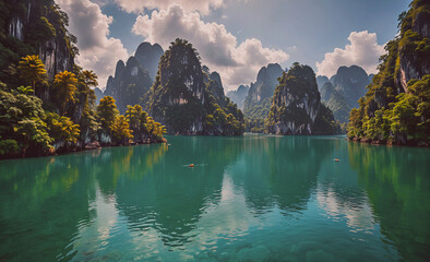 Fototapete - Beautiful lake with mountains in the background. The water is calm and clear. The mountains are covered in trees and the sky is blue